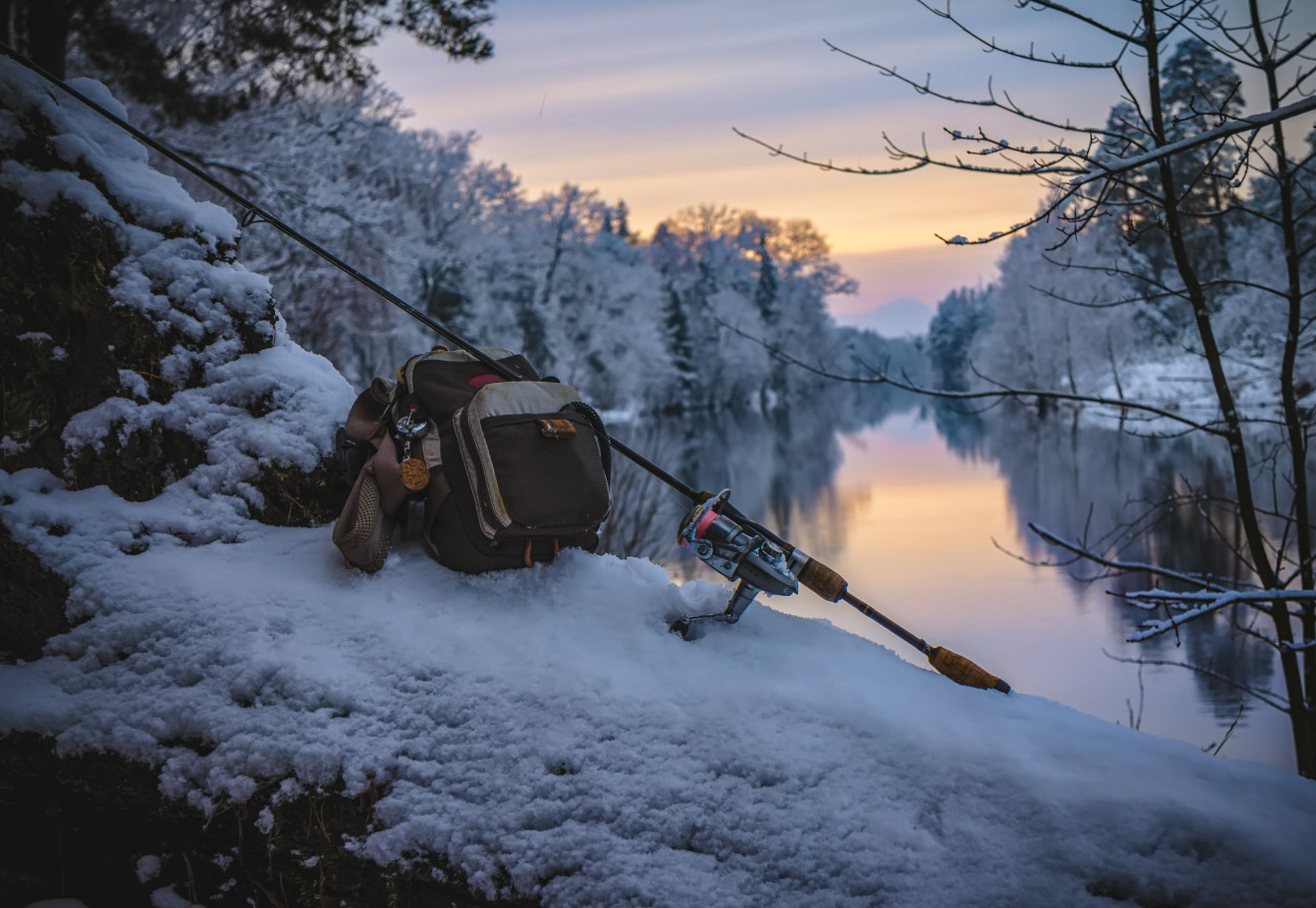 Night Fishing Fisherman In Winter Night. Night Fishing, Winter