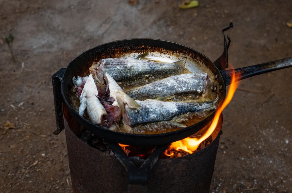pan cooking fish camping