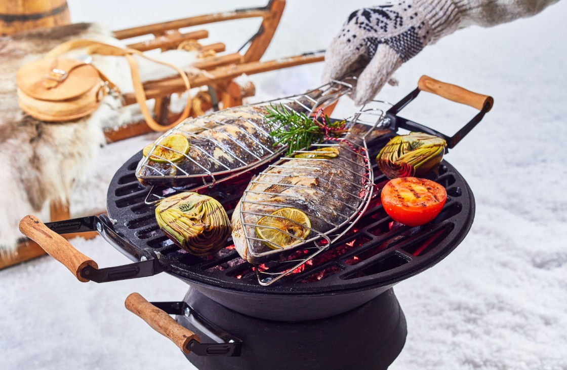 Winter Outdoor Ice Fishing Grilling Cooking